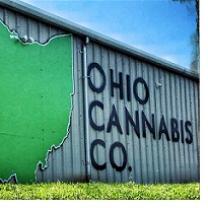 Green state of Ohio shape on a sign and words Ohio Cannabis Co.