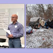 Jon Beard and Joe Motil and a homeless tent