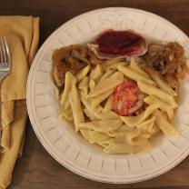 Plate of pierogis, mac and cheeze