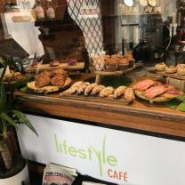 Restaurant counter with pastries displayed