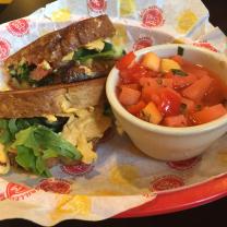 Vegan grilled cheeze sandwhich with avocadoes and mango pineapple gazpacho soup!