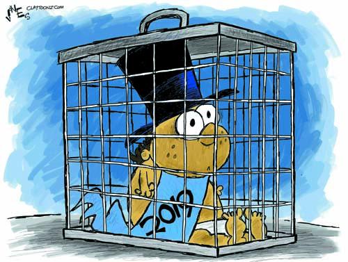 Baby in top hat with 2019 sash in a cage looking scared