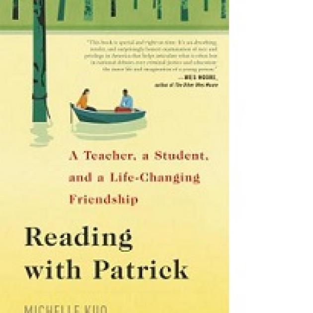 Front book cover with green at top and a yellow body of water below with a drawing of people in a small rowboat. the word Reading with Patrick A teacher, a student, and a life changing friendship