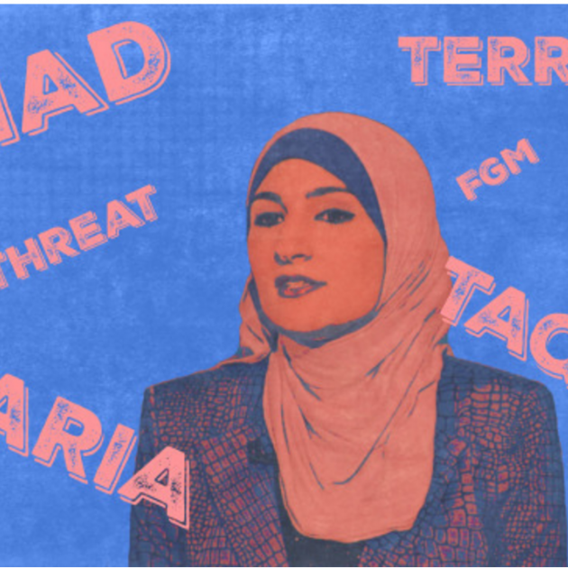 Red and blue picture of woman wearing head scarf against background with words terror, attack, etc.