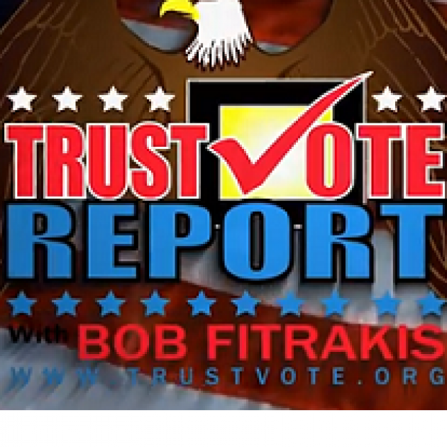 Words TrustVote report with checkmark and words Bob Fitrakis with eagle in the background