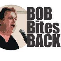 Words Bob Bites Back and a white man head and shoulders with black hair and black shirt shouting into a mic