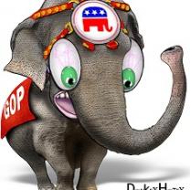 Cartoon of an elephant with a GOP banner on his side looking wide eyed and upset