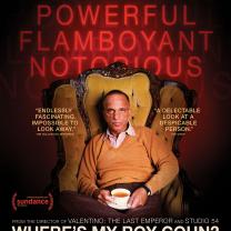 Film poster with words Powerful Flamboyant and Notorious and a middle aged white man sitting in a huge fancy armchair