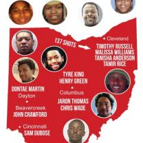 A red map of Ohio with faces of black men shot by police and their names