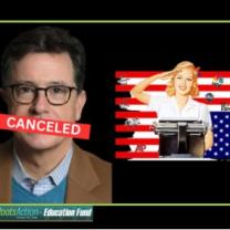 Colbert with CANCELED over his mouth