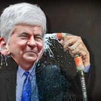 Cartoonish picture of gray haired man spraying water from a hose through his head