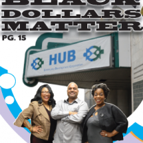 Three people standing in front of HUB