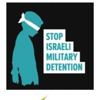 Black Square with silhouette of young child with a blindfold and the words Stop Israeli Military Detention