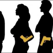 Silhouettes of people all carrying guns