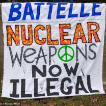 Sign saying Battelle Nuclear weapons now illegal