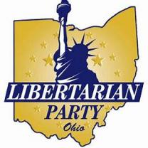 Yellow silhouette of State of Ohio with blue statue of liberty and the words Libertarian Party