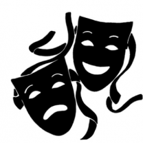 Drawing of two masks, one smiling, one frowning